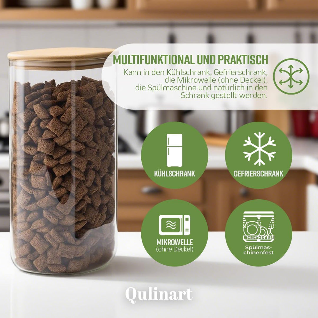 QULINART 2er-Set 3-l-Borosilikatglasgläser mit luftdichtem Bambusdeckel, wiederverwendbare Vorratsgl