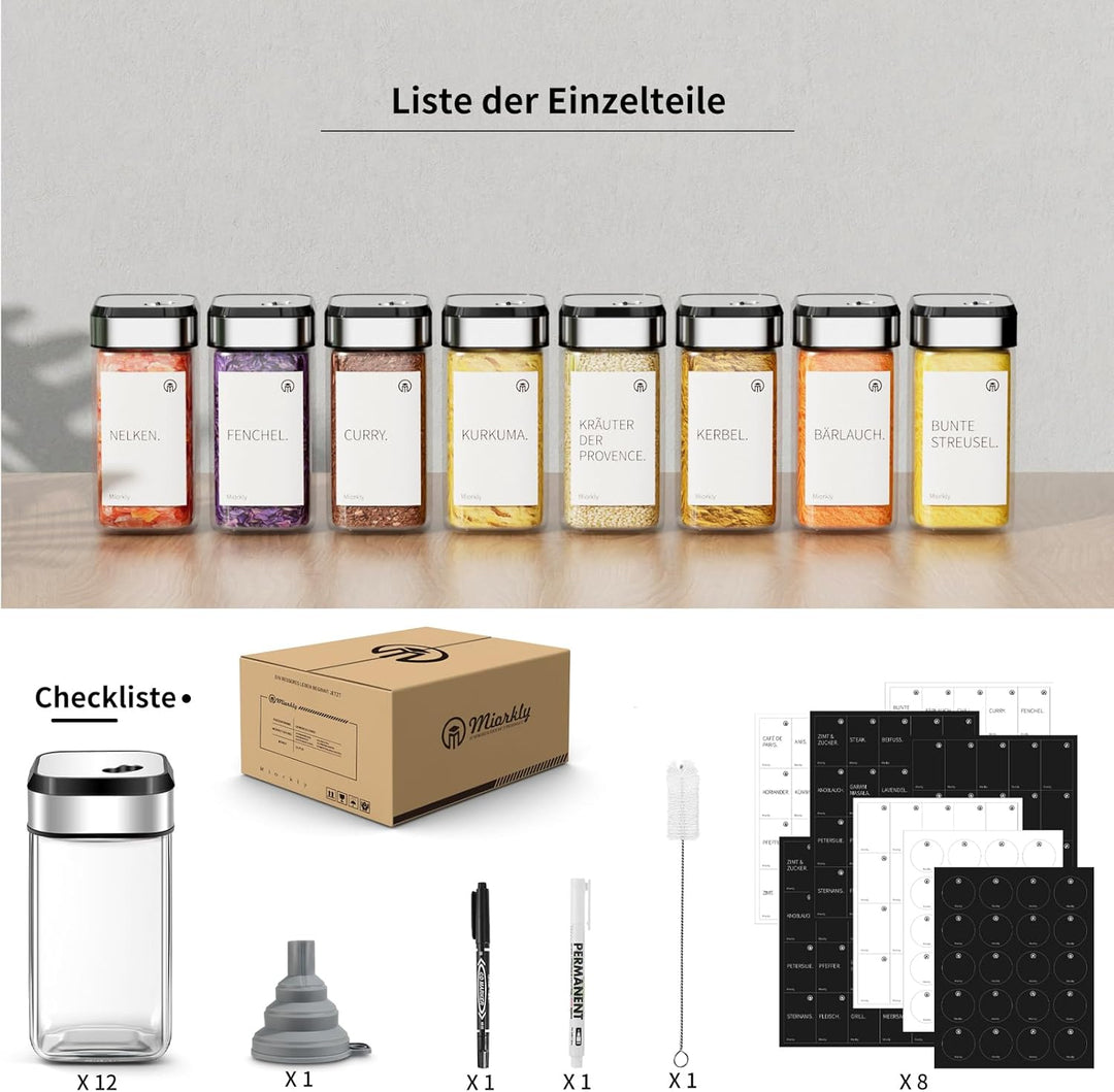 Miorkly Gewürzgläser Eckig mit Streueinsatz 12er, Gewürzstreuer Glas 120 ml-Gewürzdosen set-Gewürz O