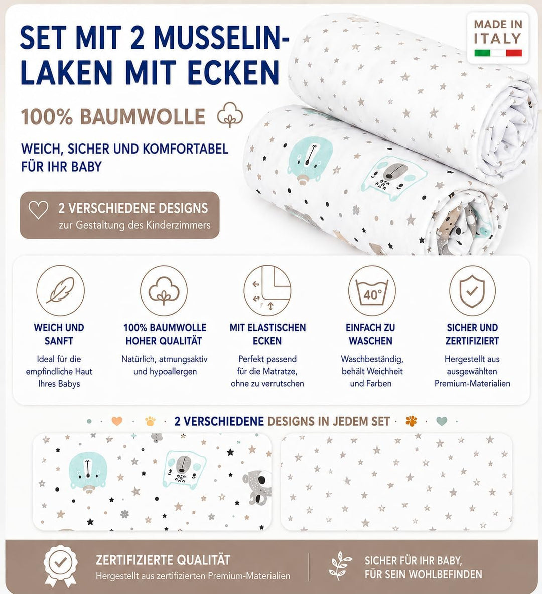 FlyIdeas Next 2 Me Spannbettlaken Beistellbett 83x50 cm, 2 STK. - 2 Spannleintuch Matratzenschoner f