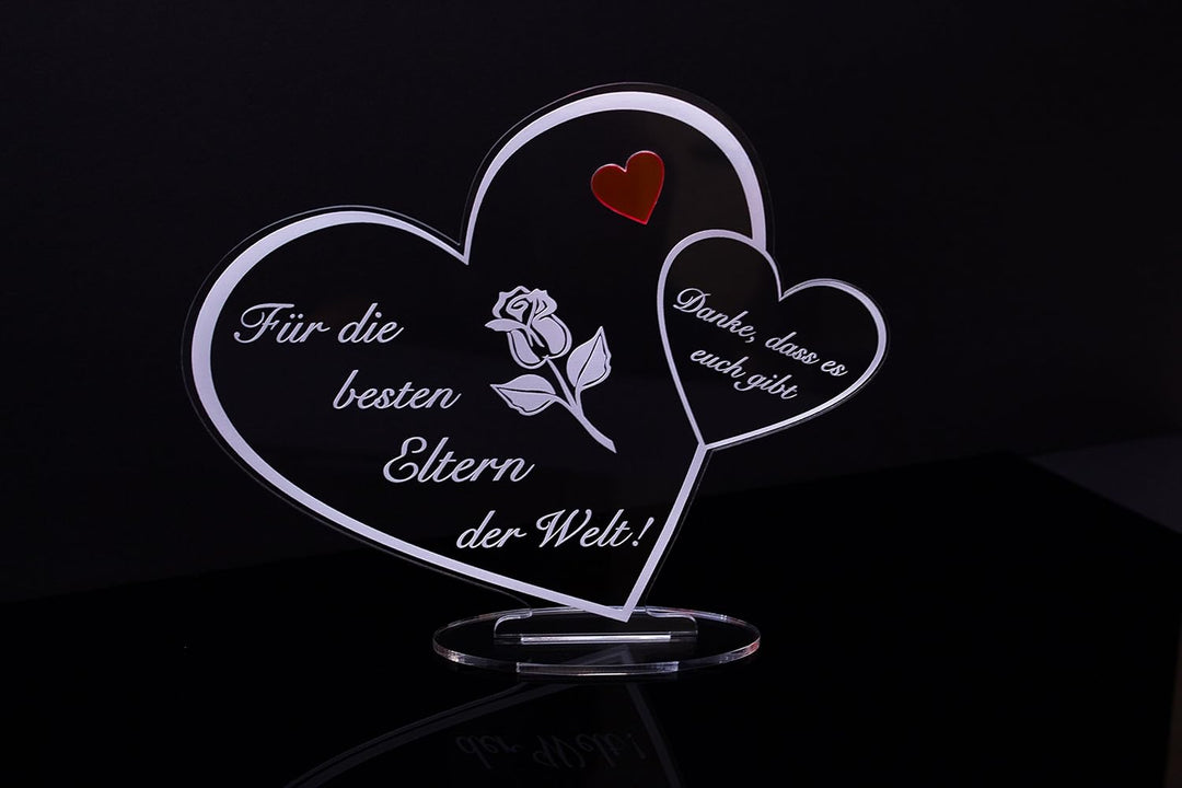 Acryl Schild in Herz Form "Für die besten Eltern der Welt" die perfekte Geschenkidee, mit Lasergravu