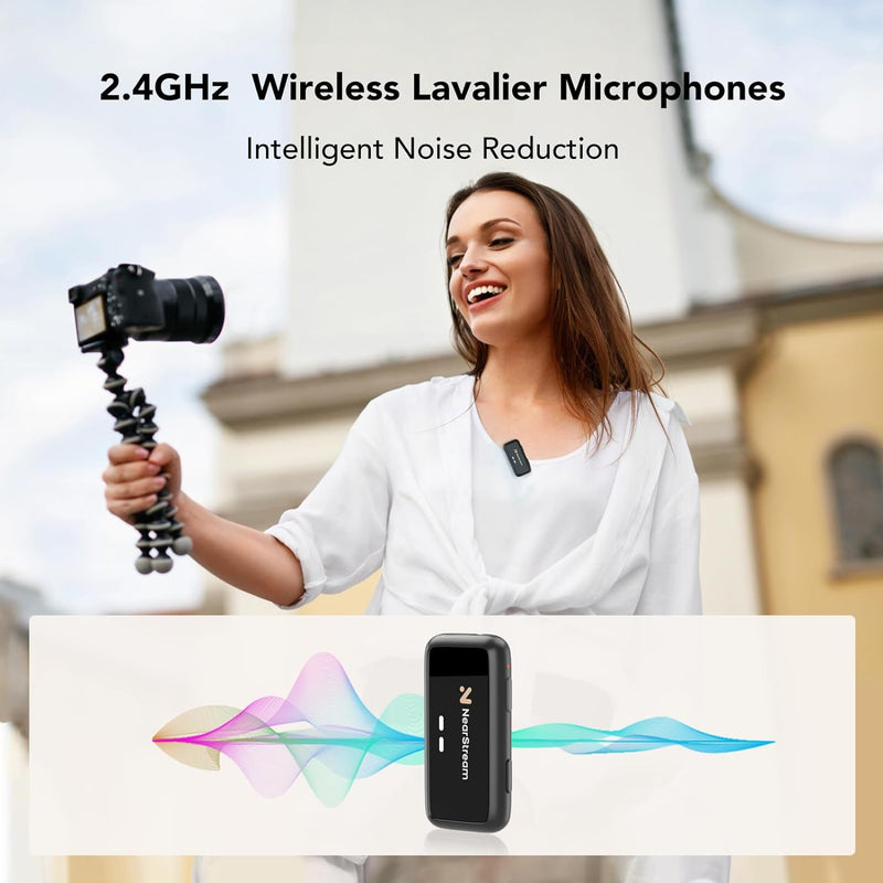 NearStream AWM20D Lavalier Mikrofon Wireless mit Geräuschunterdrückung, HD LCD-Bildschirm/200m Übert