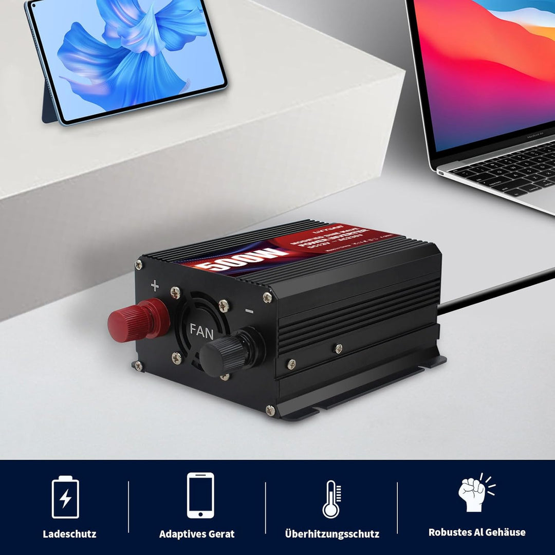 LVYUAN Wechselrichter 12V auf 230V 500W Spannungswandler, Stromwandler mit Dual-USB-Anschluss und EU