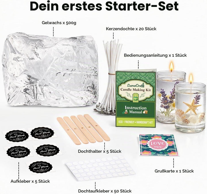 LumaCraft Klares Gelwachs zur Kerzenherstellung – 500g Transparentes Jelly Wachs mit 20 Dochten, 50