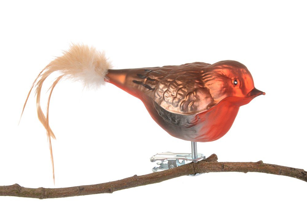 Birds of Glass® Glas-Vogel, Rotkehlchen mit Naturfeder, Glasschmuck Made in Germany aus eigener Hers