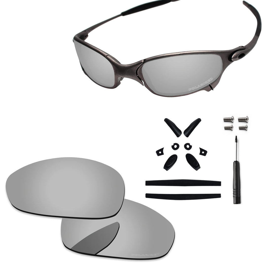 PapaViva Ersatzlinsen &amp; Gummi-Kits für for Oakley Juliet Chrom-silber – Polarisiert, Chrom-silber –
