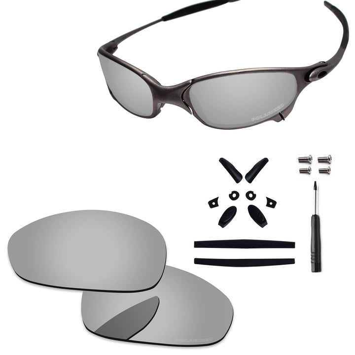 PapaViva Ersatzlinsen &amp; Gummi-Kits für for Oakley Juliet Chrom-silber – Polarisiert, Chrom-silber –