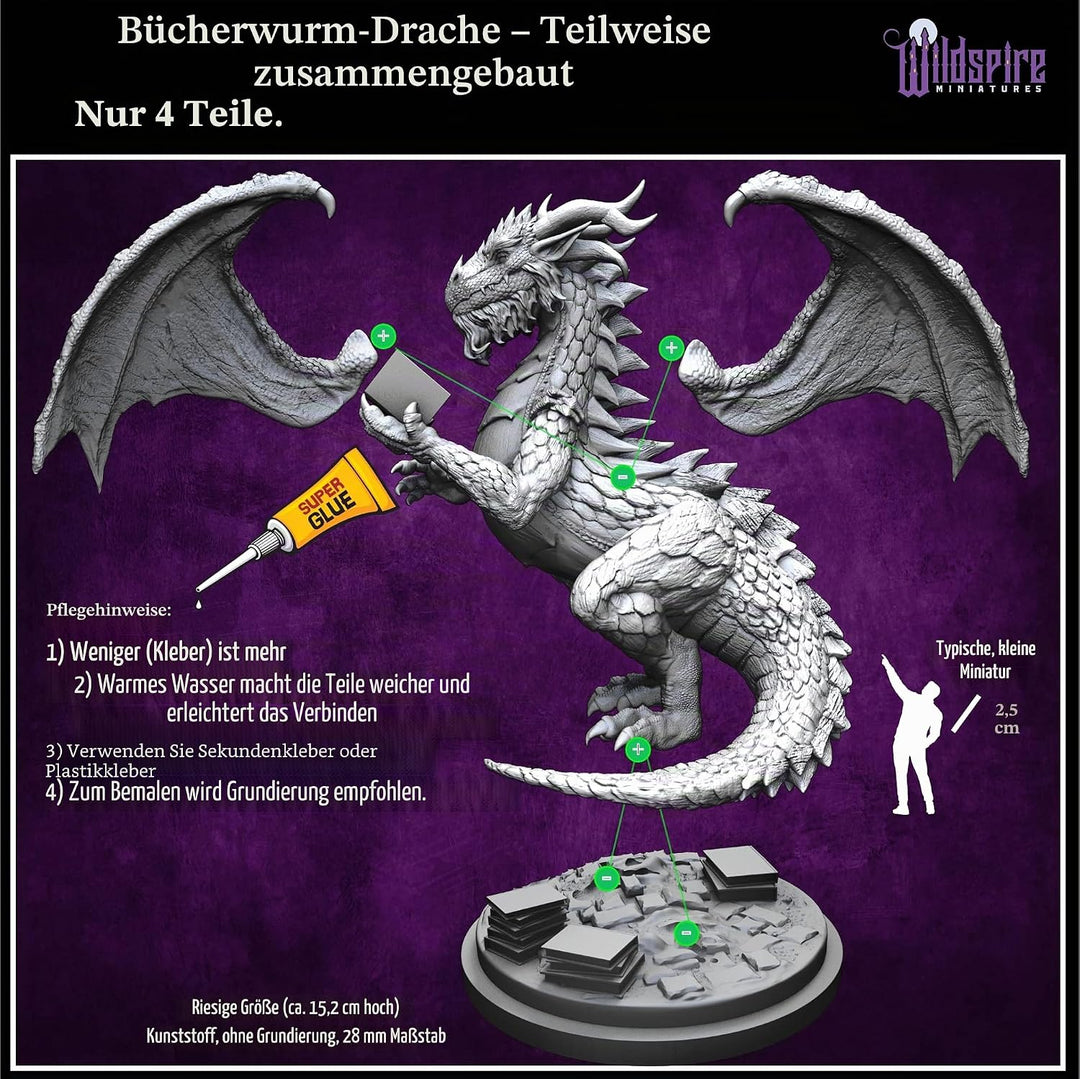 Wildspire Fantasy Bookish Dragon Miniatur – Riesige Grösse 15,2 cm für DND-Miniaturen, 28 mm, Bulk D