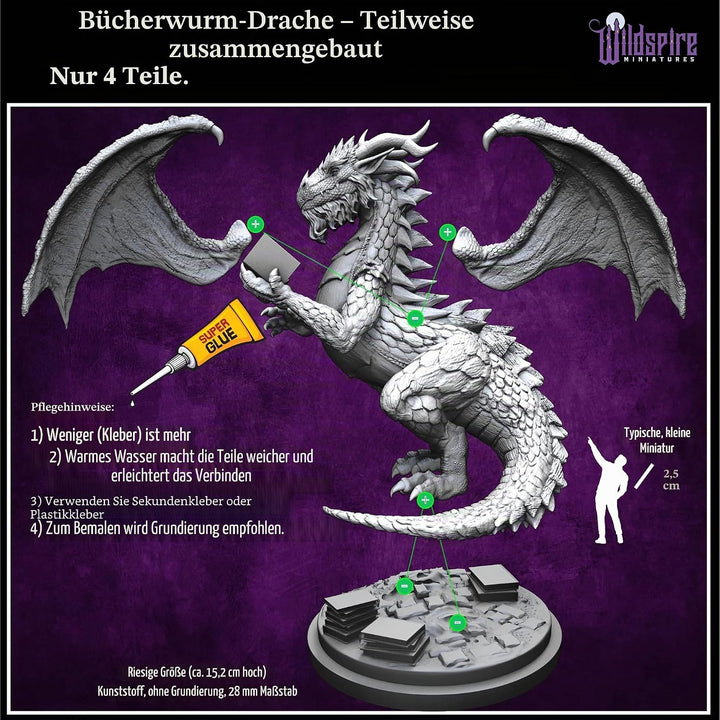 Wildspire Fantasy Bookish Dragon Miniatur – Riesige Grösse 15,2 cm für DND-Miniaturen, 28 mm, Bulk D
