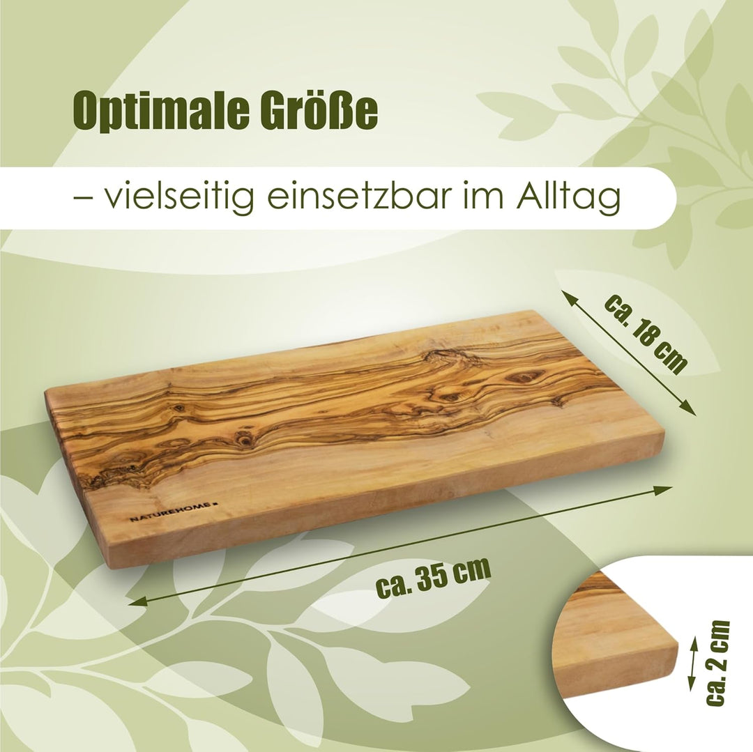 NATUREHOME massives Echtholz Schneidebrett Olivenholz gross ca. 35 x 18 x 2 cm ökologisch & nachhalt