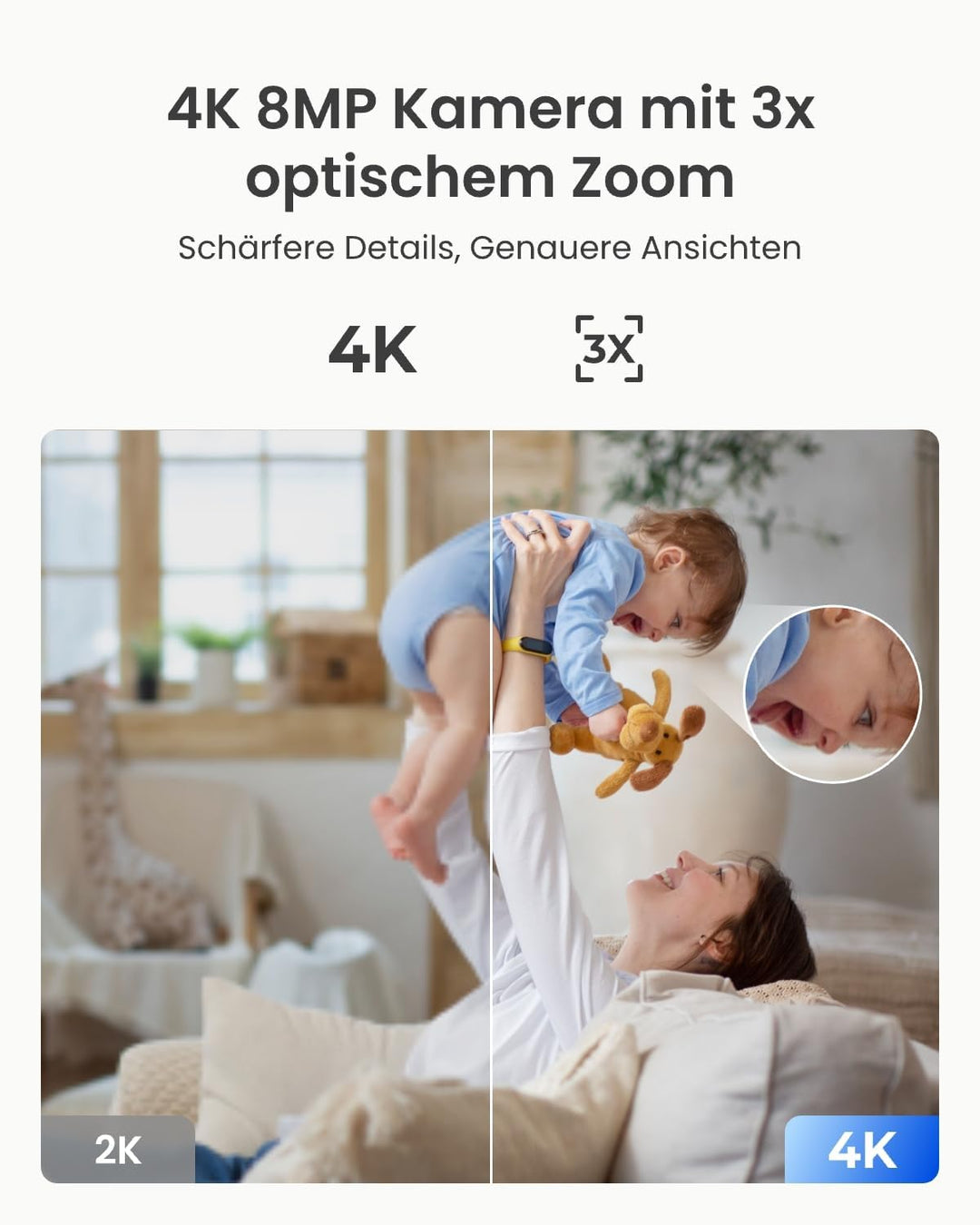 Reolink 4K PTZ WLAN Überwachungskamera Innen, 2,4/5 GHz Wi-Fi 6, Babyphone mit Kamera, 3X Optischer