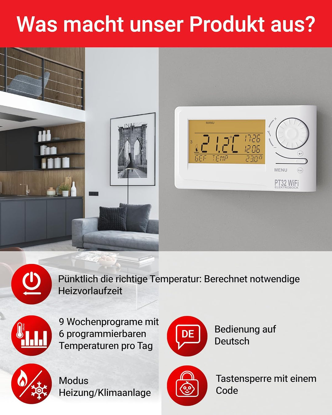Elektrobock Raumthermostat mit WiFi Modul, weiss, normal, PT32 WiFi