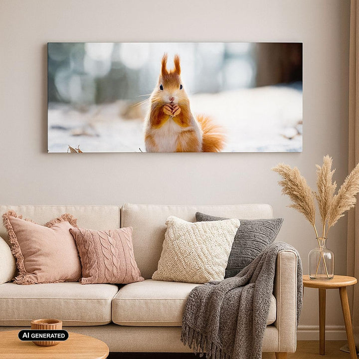 Wandbilder Dekoration Wohnzimmer Eichhörnchen Winter Schnee Essen Panorama Bilder auf Leinwand 120x5