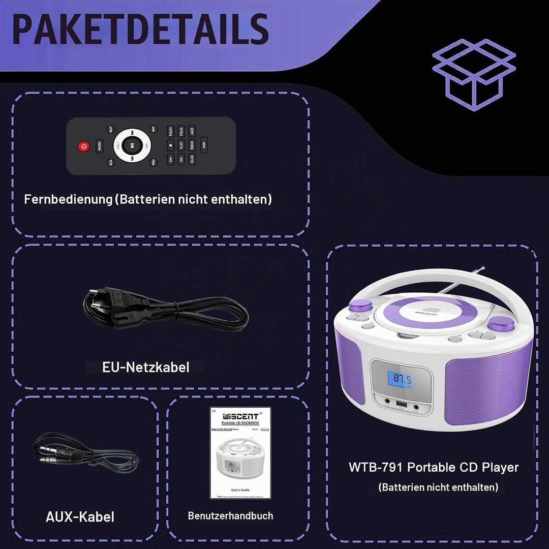 Tragbarer CD-Player Boombox mit Bluetooth | Fernsteuerung | FM-Radio | USB | MP3-Wiedergabe | Kompat