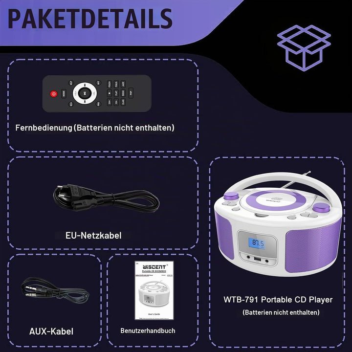 Tragbarer CD-Player Boombox mit Bluetooth | Fernsteuerung | FM-Radio | USB | MP3-Wiedergabe | Kompat