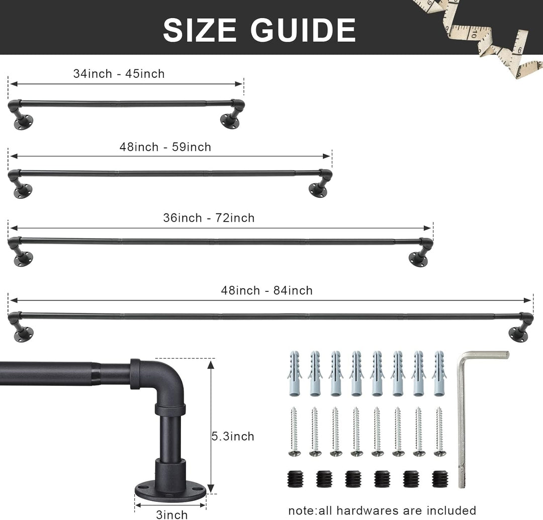 HARRMS Industrielle Gardinenstange Ausziehbar, 81-216cm, Verstellbare Vorhangstange Schwarz Matt, Ga