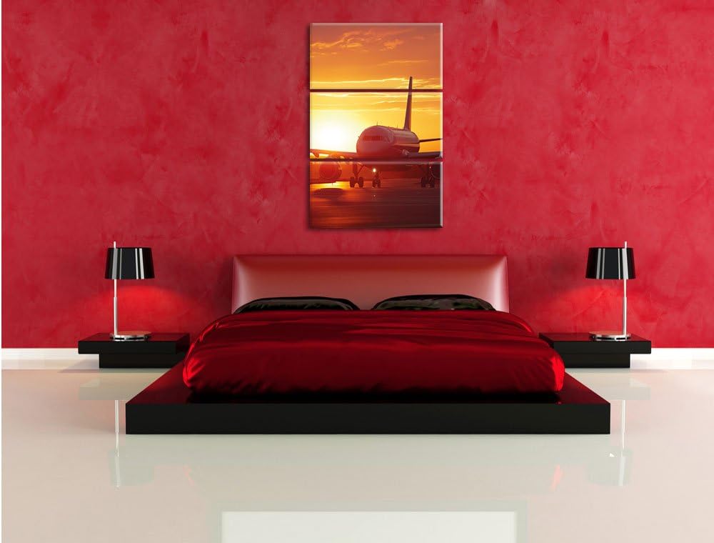 Pixxprint Flugzeug im Sonnenuntergang 3Teiler 120x80 cm Leinwandbild Wandbild Kunstdruck