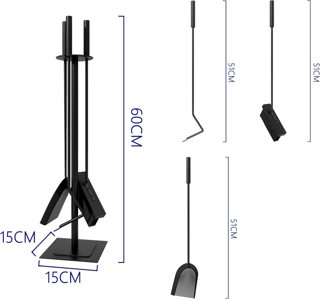Kingson Kaminzubehör mit Bürste, Schürhaken und Schaufel, Kaminbegleiter-Set, 15 x 15 x 60 cm, 4-tei