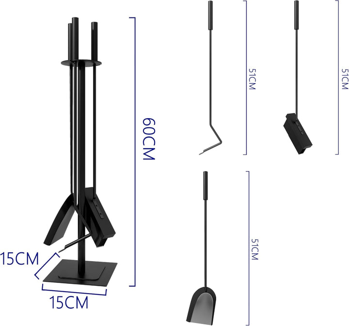 Kingson Kaminzubehör mit Bürste, Schürhaken und Schaufel, Kaminbegleiter-Set, 15 x 15 x 60 cm, 4-tei