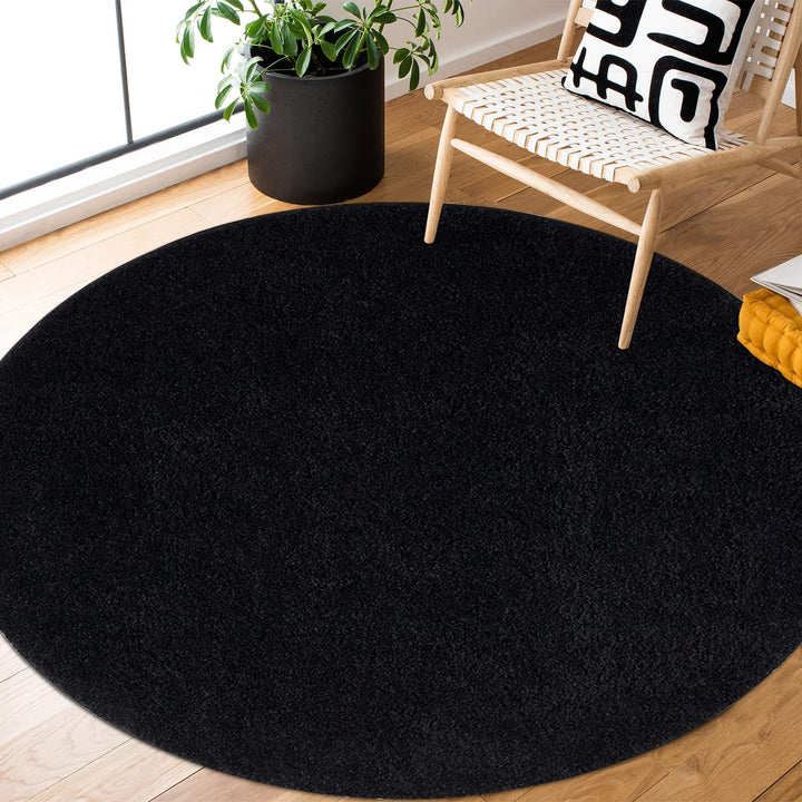 payé Teppich Rund Hochflor Shaggy - 200x200cm - Schwarz Einfarbig Uni Flauschig Modern Boho Wohnzimm
