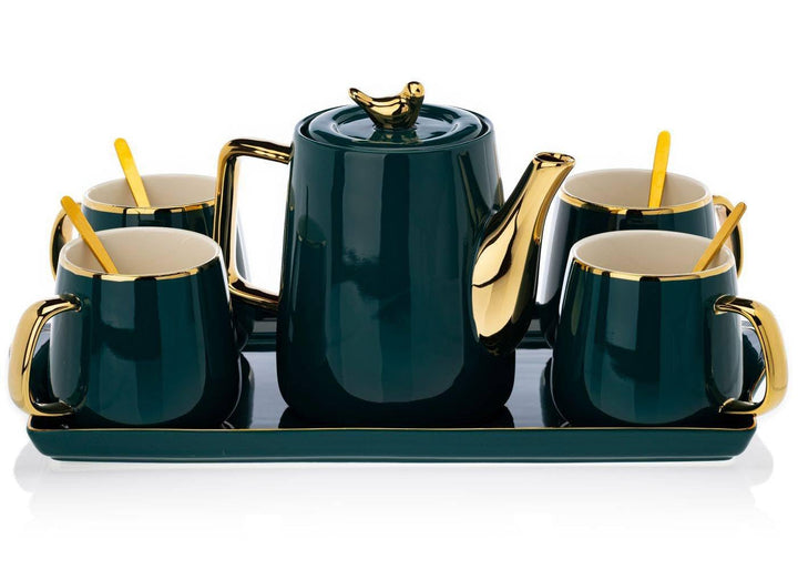 HowHomely Keramik Kaffeeservice für 4 Personen Modern - Grün Set mit Kanne, 4 Tassen und Serviertabl