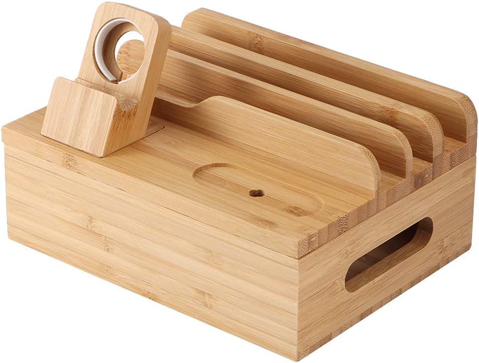 Oumefar Bambus-Ladestations-Rack für mehrere Geräte, Speicherladedockstation und Organizer für Mobil