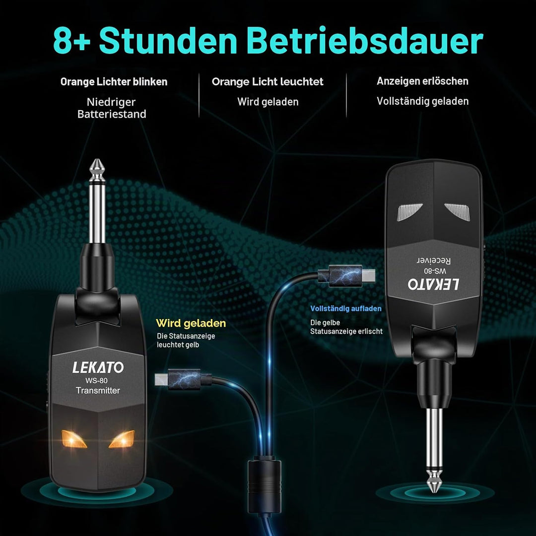 LEKATO 2,4 GHz kabelloses Gitarrensystem, kabelloser Gitarrensender und -empfänger, wiederaufladbare