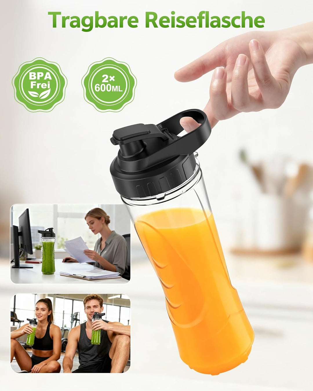 Mixer,Mini Smoothie Maker,500W Tragbarer Standmixer,Hochleistungsmixer mit 2 * 600ml Flaschen BPA Fr