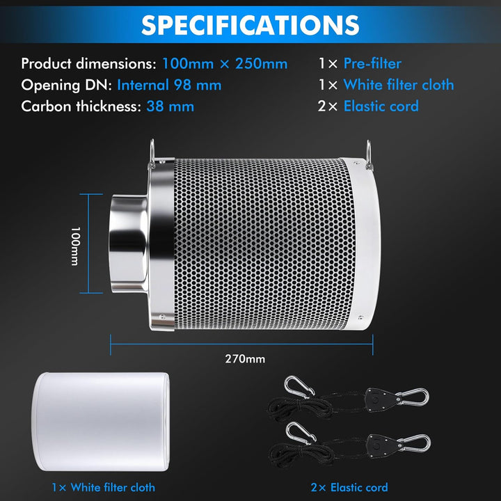 Aktivkohlefilter 100mm,4 Inch Kohlefilter Air Carbon Filter mit Seil zum Aufhängen,für Rohrventilato
