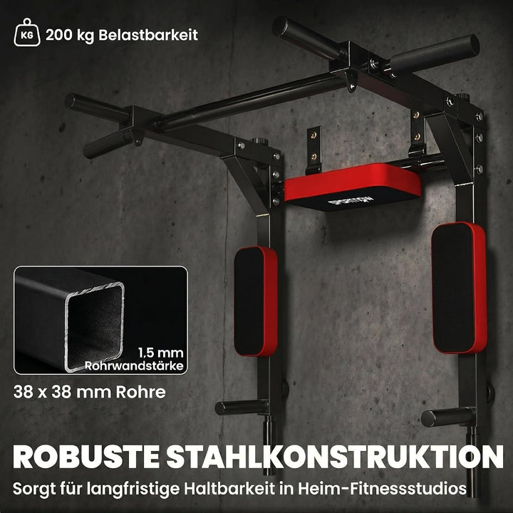 SPORTNOW Wand-Klimmzugstange 2-in-1 Dipstation bis 200 kg belastbar Rot | Profi-Klimmzug- und Dipsta