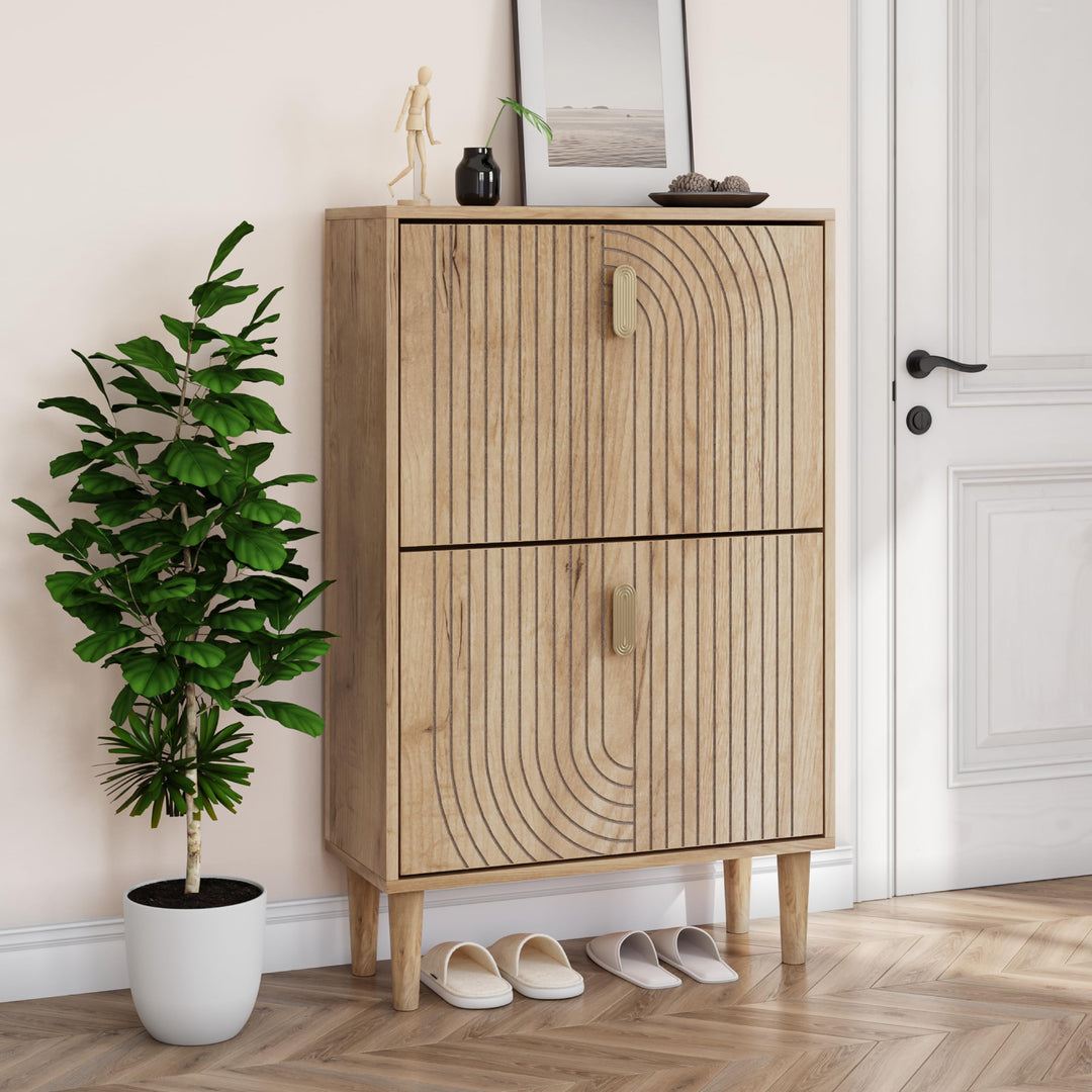 Smuxee Schuhschrank mit 2 Klappschubladen, 60 cm Eichen-Schuhaufbewahrungsschrank mit verstecktem De