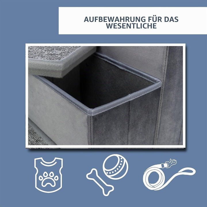 Trixie Velours Faltbare 3-stufige Haustiertreppe mit Stauraum, zusammenklappbar, Staufächer für Haus