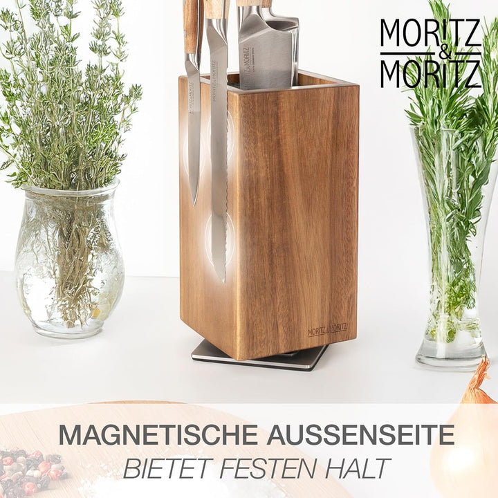 Moritz & Moritz Messerblock Akazie drehbar 360° - Messerhalter Magnetisch mit Drehfuss & herausnehmb