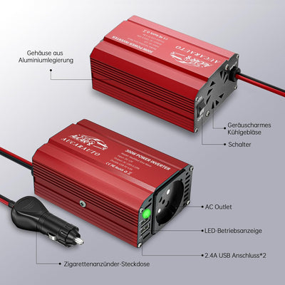 300W Spannungswandler DC 12V zu AC 230V Stromumwandler, AUCARAUTO Modifizierter Sinus Wechselrichter