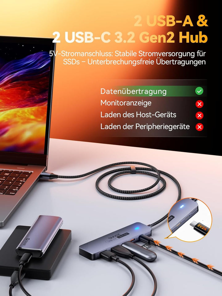 USB Hub 3.2 Gen2, QUUGE 5-in-1 USB Verteiler mit 2 USB-A & 2 USB-C 10Gbps, Multiport Splitter mit A-