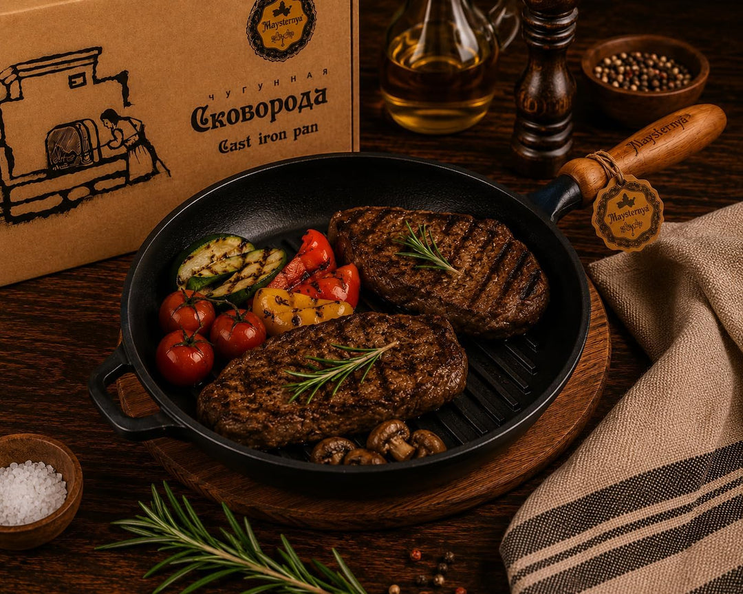 WDMT Maysternya™ Grillpfanne Gusseisen mit Holzgriff - ø 24 x 4 cm - Gusseisenpfanne für alle Herdar