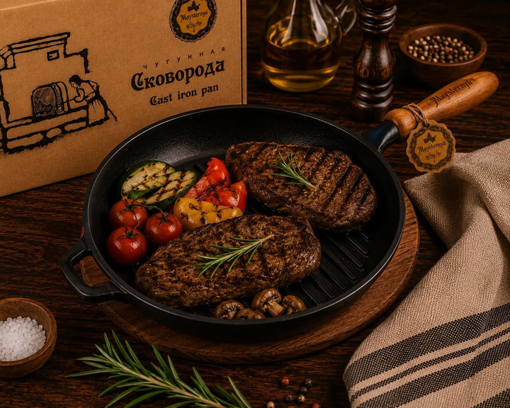WDMT Maysternya™ Grillpfanne Gusseisen mit Holzgriff - ø 24 x 4 cm - Gusseisenpfanne für alle Herdar