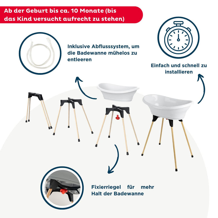 THERMOBABY - Babybadewanne-Set – Vasco – Badewanne, Fuss aus Holz & Ablaufschlauch – patentierte Inn