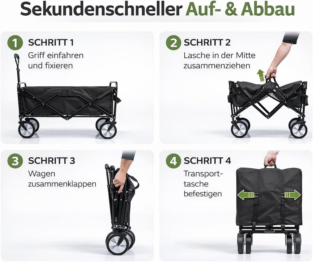 BigDean Bollerwagen faltbar 105L, bis 100 kg belastbar – klappbarer Handwagen mit ausziehbarer Deich