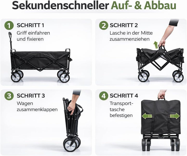 BigDean Bollerwagen faltbar 105L, bis 100 kg belastbar – klappbarer Handwagen mit ausziehbarer Deich