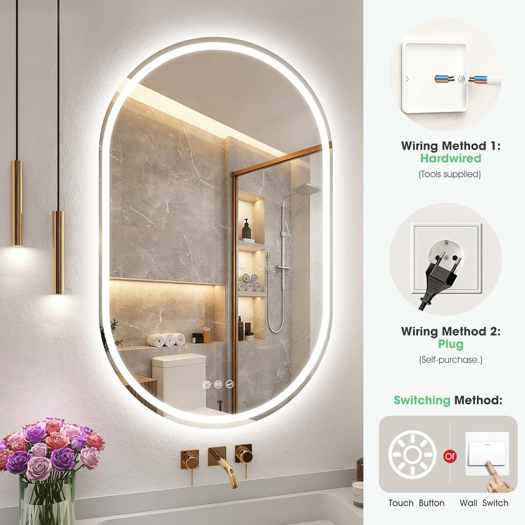 S'bagno Badspiegel-mit-Beleuchtung 600x1000 mm, Oval-Badezimmerspiegel-mit-Beleuchtung und Bluetooth