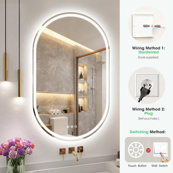 S'bagno Badspiegel-mit-Beleuchtung 600x1000 mm, Oval-Badezimmerspiegel-mit-Beleuchtung und Bluetooth