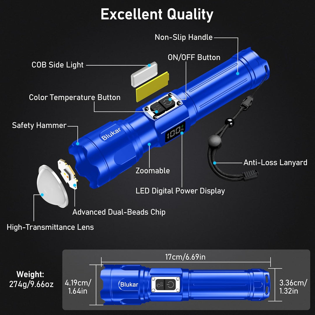 Blukar Taschenlampe LED 2 Farbtemperatur mit Hauptlicht & Seitlich COB-Licht, Aufladbar Extrem Hell