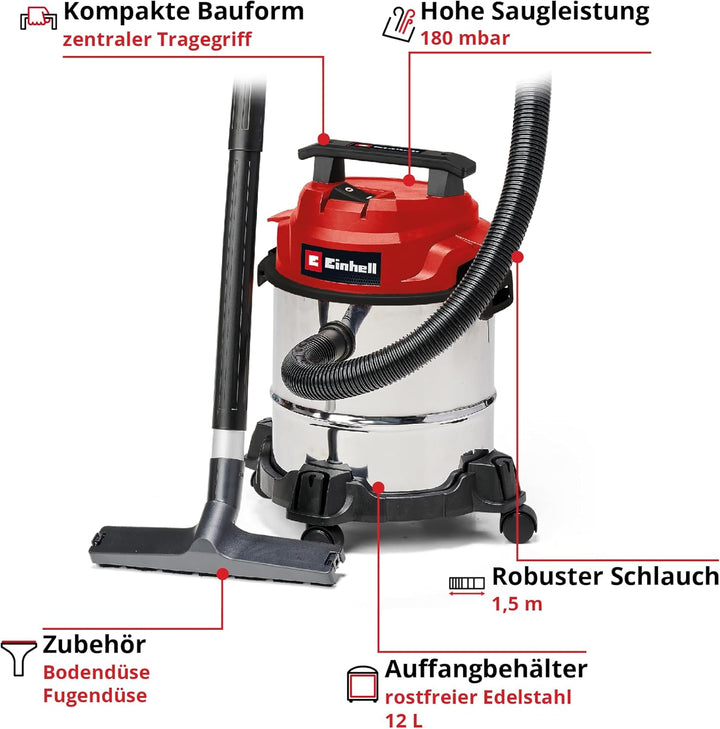Einhell Nass-Trockensauger TC-VC 1812/1 S (1250 W, 180 mbar, 4 Lenkrollen, 12 L Behälter, inkl. Fuge