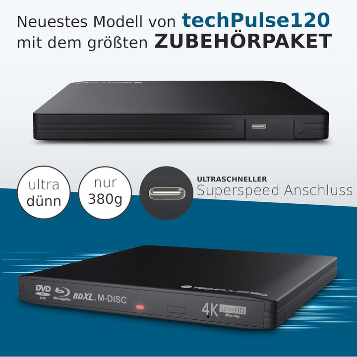 techPulse120 Externes USB 3.1 USB-C UHD 4k 3D M-DISC Blu-ray DVD CD BDXL HDR10 100GB Laufwerk Brenne