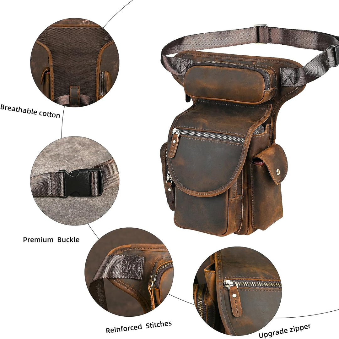 Herren Canvas + Leder Motorrad Reiten Tasche Beinbeutel Beintasche Aussenbeintasche Hüfttasche Drop