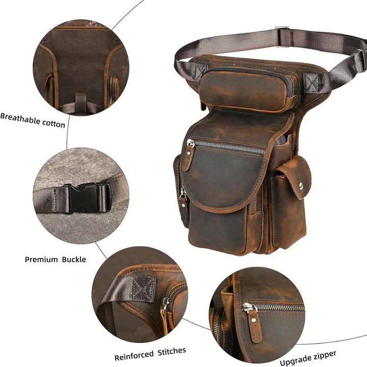 Herren Canvas + Leder Motorrad Reiten Tasche Beinbeutel Beintasche Aussenbeintasche Hüfttasche Drop