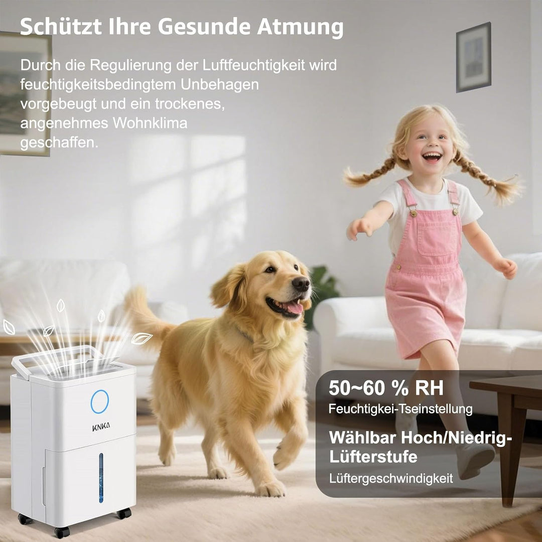 KNKA Luftentfeuchter, 9L/T, Leiser Luftentfeuchter Elektrisch, Raumentfeuchter mit Ablaufschlauch, A