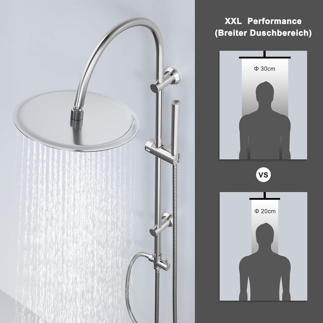Görbach Regendusche Duschsystem ohne Armatur, Edelstahl Duschset mit Rund Kopfbrause XXL D30cm, Vint