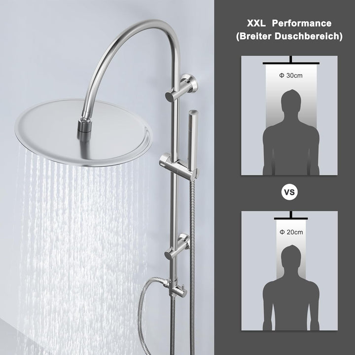 Görbach Regendusche Duschsystem ohne Armatur, Edelstahl Duschset mit Rund Kopfbrause XXL D30cm, Vint