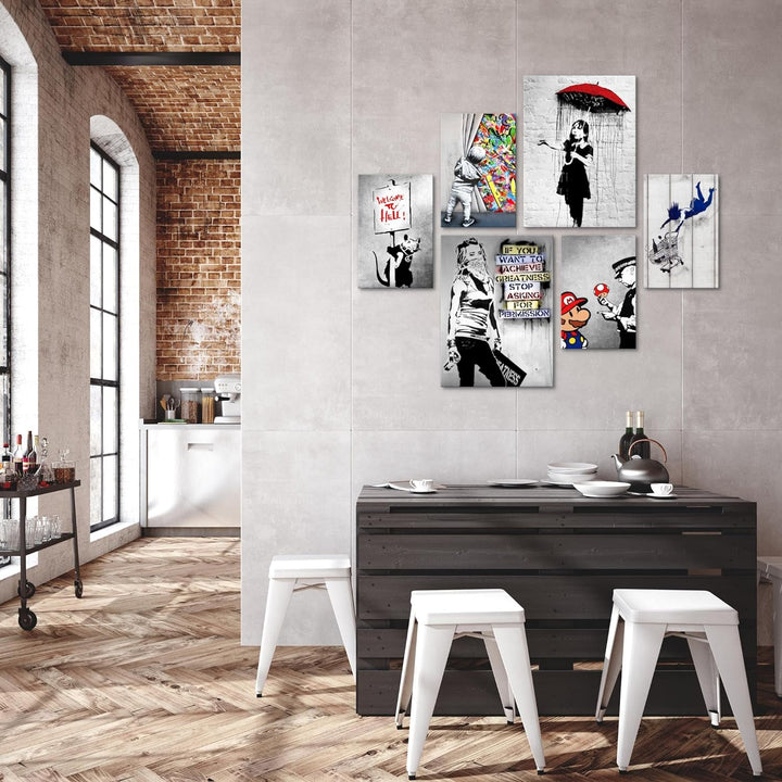 Novart Bilder Set - AUFHÄNGFERTIG - KEIN EXTRA RAHMEN BENÖTIGT - Banksy Collage Modern Street Art -